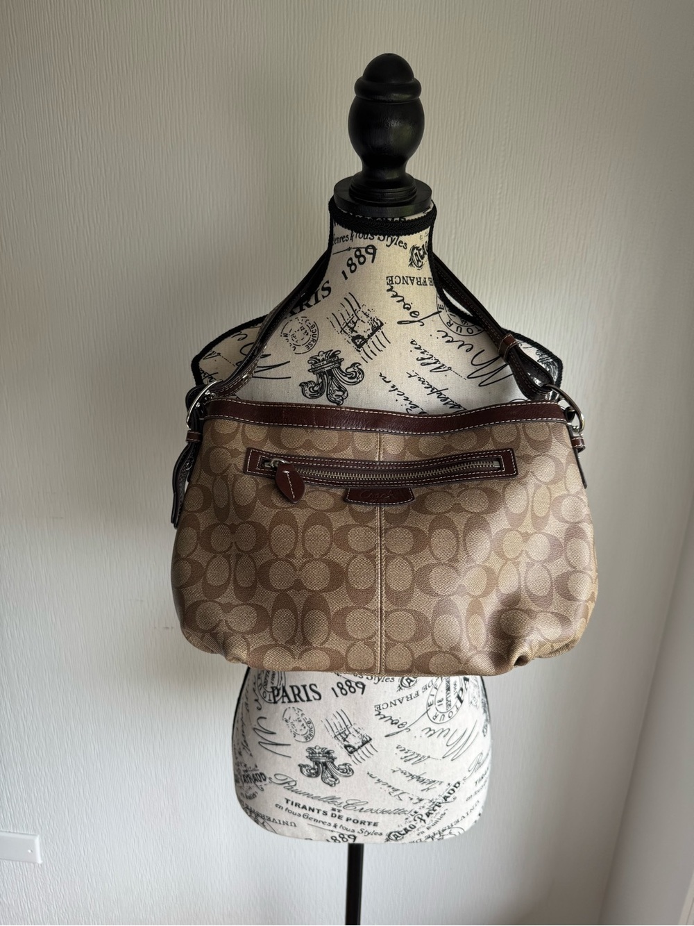 Coach Tan Signature Canvas Hobo with Brown Trim